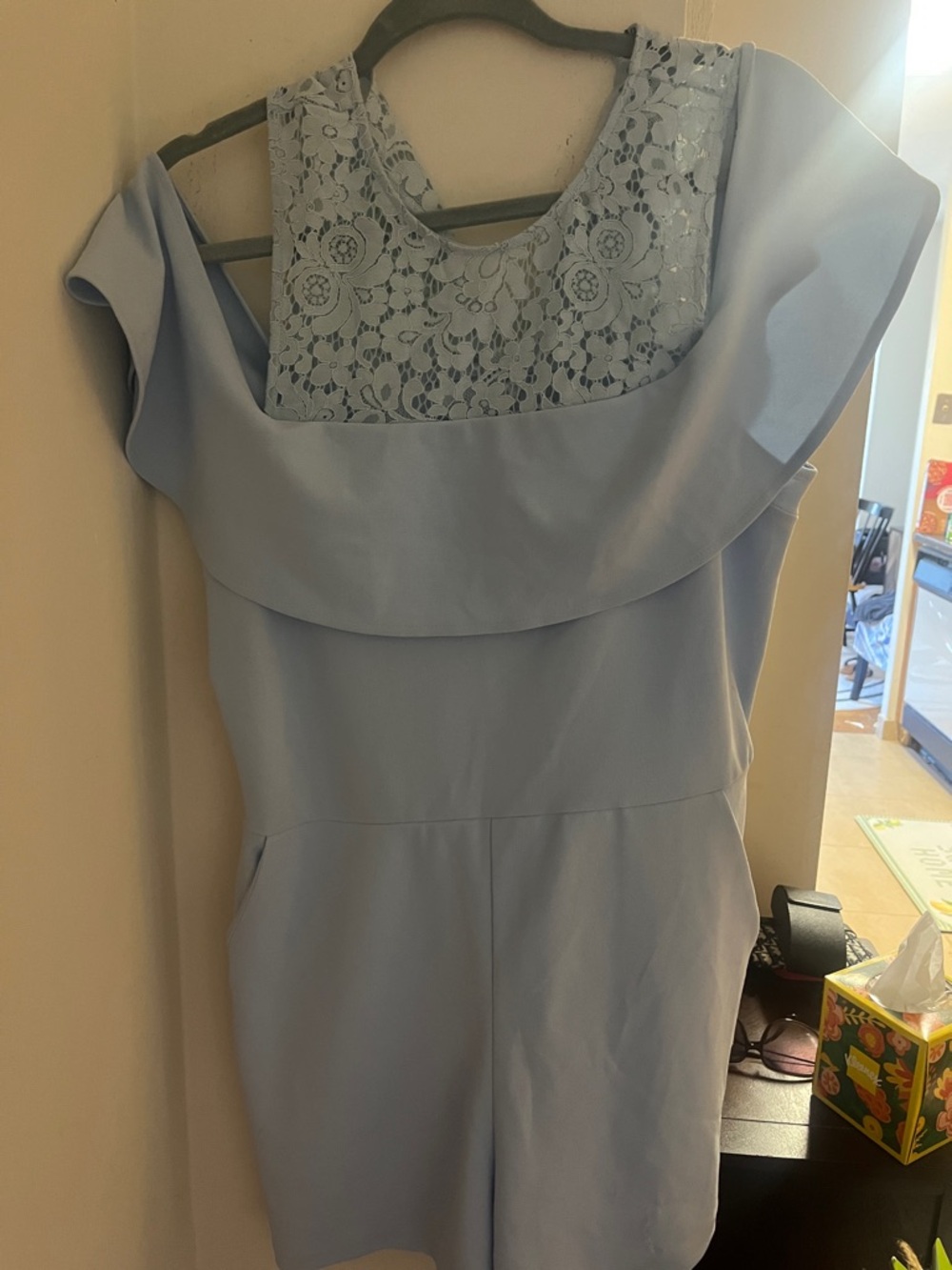 Light Blue Lace Yoke Ruffle Women's jumper, NWT